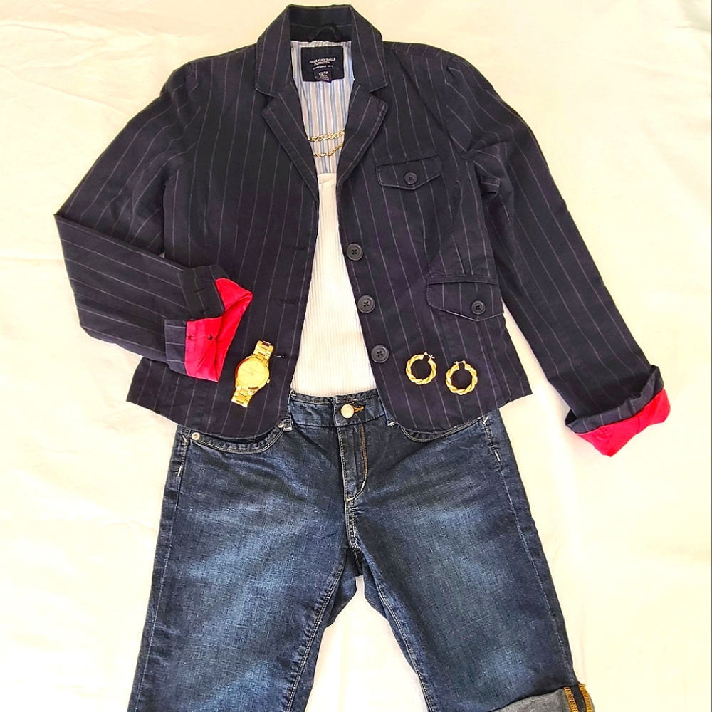 Vintage American Eagle Outfitters Striped Navy Blazer w/ Pink Striped Lining XS